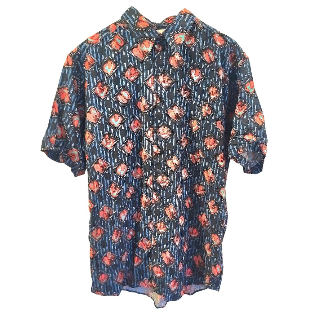 Vintage On The Brink Rayon Button Shirt Abstract Funky Blue 90s Medium